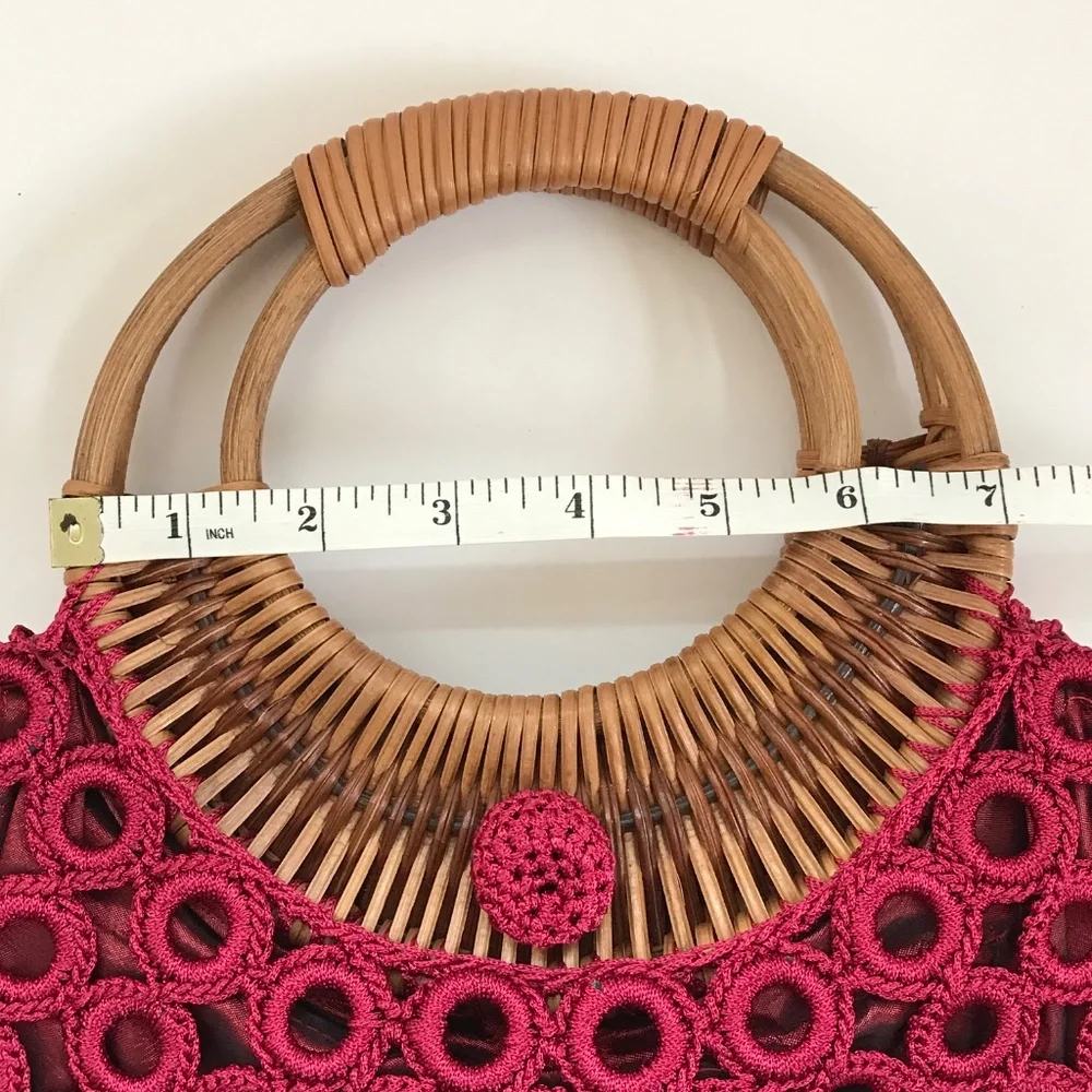 ENRICO VERSARI Italian Handcrafted Crochet & Rattan Satchel Red Bag EUC
